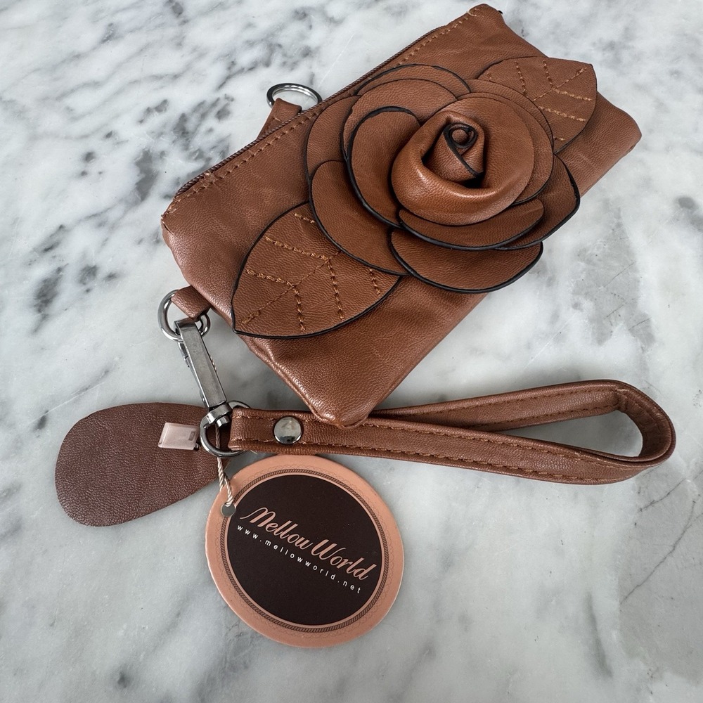 NWT Mellow World Brwn Faux Leather Wristlet 3D Rose Zip Top Clutch Bag READ